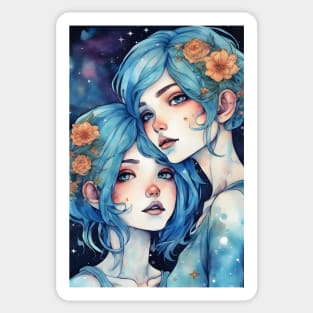 Anime girls sisters with blue hair, love Sticker